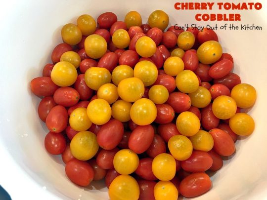 Cherry Tomato Cobbler | Can't Stay Out of the Kitchen | this delicious #casserole #recipe is made with cherry & sunburst #tomatoes. The #cobbler topping includes a six-cheese #Italian blend so this dish is very sumptuous and savory. Terrific #SideDish for #holidays like #Thanksgiving or #Christmas. I made the dish #GlutenFree & it was a hit with everyone! #CherryTomatoCobbler