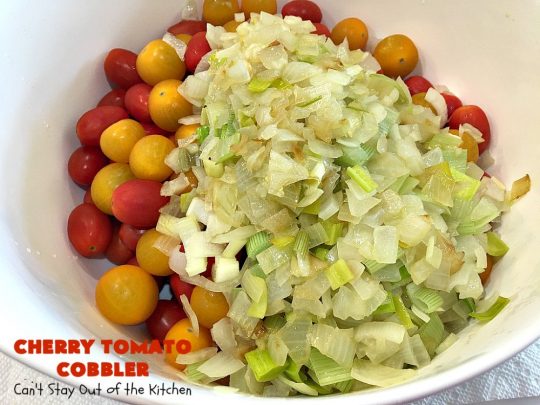 Cherry Tomato Cobbler | Can't Stay Out of the Kitchen | this delicious #casserole #recipe is made with cherry & sunburst #tomatoes. The #cobbler topping includes a six-cheese #Italian blend so this dish is very sumptuous and savory. Terrific #SideDish for #holidays like #Thanksgiving or #Christmas. I made the dish #GlutenFree & it was a hit with everyone! #CherryTomatoCobbler