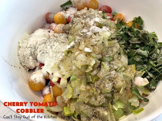 Cherry Tomato Cobbler | Can't Stay Out of the Kitchen | this delicious #casserole #recipe is made with cherry & sunburst #tomatoes. The #cobbler topping includes a six-cheese #Italian blend so this dish is very sumptuous and savory. Terrific #SideDish for #holidays like #Thanksgiving or #Christmas. I made the dish #GlutenFree & it was a hit with everyone! #CherryTomatoCobbler