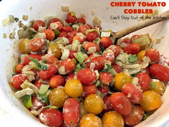 Cherry Tomato Cobbler | Can't Stay Out of the Kitchen | this delicious #casserole #recipe is made with cherry & sunburst #tomatoes. The #cobbler topping includes a six-cheese #Italian blend so this dish is very sumptuous and savory. Terrific #SideDish for #holidays like #Thanksgiving or #Christmas. I made the dish #GlutenFree & it was a hit with everyone! #CherryTomatoCobbler