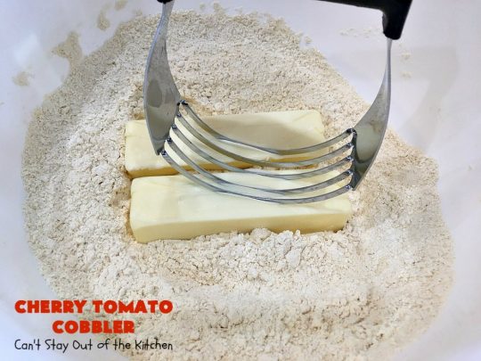 Cherry Tomato Cobbler | Can't Stay Out of the Kitchen | this delicious #casserole #recipe is made with cherry & sunburst #tomatoes. The #cobbler topping includes a six-cheese #Italian blend so this dish is very sumptuous and savory. Terrific #SideDish for #holidays like #Thanksgiving or #Christmas. I made the dish #GlutenFree & it was a hit with everyone! #CherryTomatoCobbler