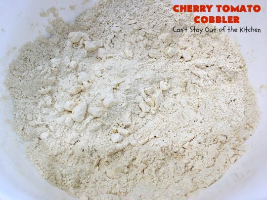 Cherry Tomato Cobbler | Can't Stay Out of the Kitchen | this delicious #casserole #recipe is made with cherry & sunburst #tomatoes. The #cobbler topping includes a six-cheese #Italian blend so this dish is very sumptuous and savory. Terrific #SideDish for #holidays like #Thanksgiving or #Christmas. I made the dish #GlutenFree & it was a hit with everyone! #CherryTomatoCobbler