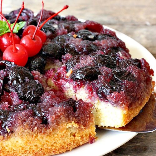 Cherry Upside Down Cake | Can't Stay Out of the Kitchen | This is one of the BEST upside-down cakes you'll ever eat! This one has fresh #cherries on the bottom. It's topped with a homemade caramelized sauce & then #cake batter. It's rich, moist, decadent & the most amazing #dessert ever! #cherrydessert