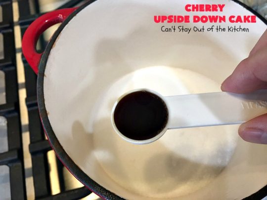 Cherry Upside Down Cake | Can't Stay Out of the Kitchen | This is one of the BEST upside-down cakes you'll ever eat! This one has fresh #cherries on the bottom. It's topped with a homemade caramelized sauce & then #cake batter. It's rich, moist, decadent & the most amazing #dessert ever! #cherrydessert