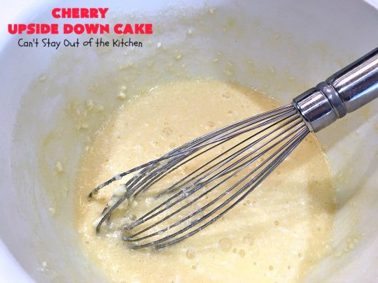 Cherry Upside Down Cake | Can't Stay Out of the Kitchen | This is one of the BEST upside-down cakes you'll ever eat! This one has fresh #cherries on the bottom. It's topped with a homemade caramelized sauce & then #cake batter. It's rich, moist, decadent & the most amazing #dessert ever! #cherrydessert