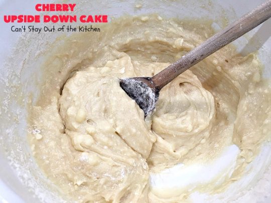 Cherry Upside Down Cake | Can't Stay Out of the Kitchen | This is one of the BEST upside-down cakes you'll ever eat! This one has fresh #cherries on the bottom. It's topped with a homemade caramelized sauce & then #cake batter. It's rich, moist, decadent & the most amazing #dessert ever! #cherrydessert