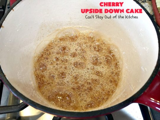 Cherry Upside Down Cake | Can't Stay Out of the Kitchen | This is one of the BEST upside-down cakes you'll ever eat! This one has fresh #cherries on the bottom. It's topped with a homemade caramelized sauce & then #cake batter. It's rich, moist, decadent & the most amazing #dessert ever! #cherrydessert