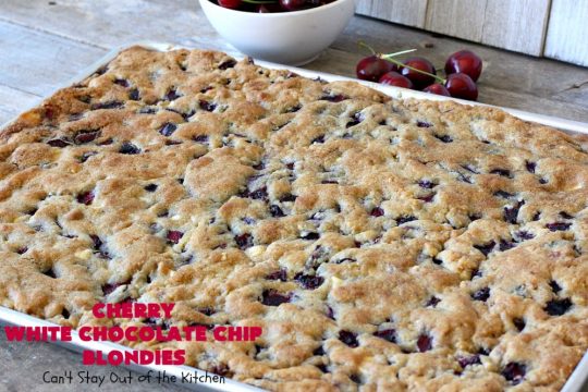 Cherry White Chocolate Chip Blondies | Can't Stay Out of the Kitchen | these fantastic #brownies will have you drooling after the first bite. They're filled with white #chocolate chips & fresh #cherries & they're absolutely awesome! #cookie #dessert #cherrydessert #Canbassador #NorthwestCherryGrowers