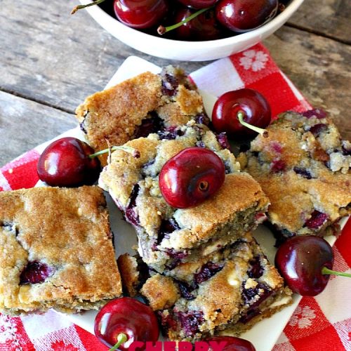 Cherry White Chocolate Chip Blondies | Can't Stay Out of the Kitchen | these fantastic #brownies will have you drooling after the first bite. They're filled with white #chocolate chips & fresh #cherries & they're absolutely awesome! #cookie #dessert #cherrydessert #Canbassador #NorthwestCherryGrowers