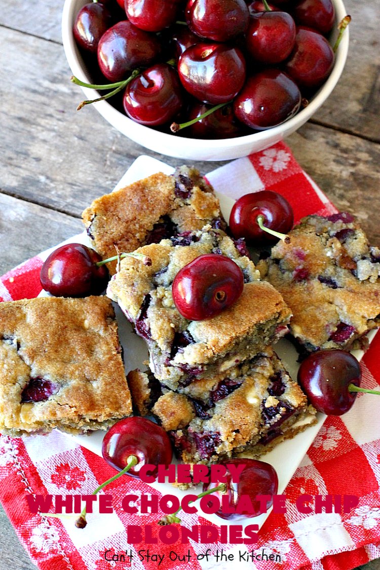 Cherry White Chocolate Chip Blondies | Can't Stay Out of the Kitchen | these fantastic #brownies will have you drooling after the first bite. They're filled with white #chocolate chips & fresh #cherries & they're absolutely awesome! #cookie #dessert #cherrydessert #Canbassador #NorthwestCherryGrowers