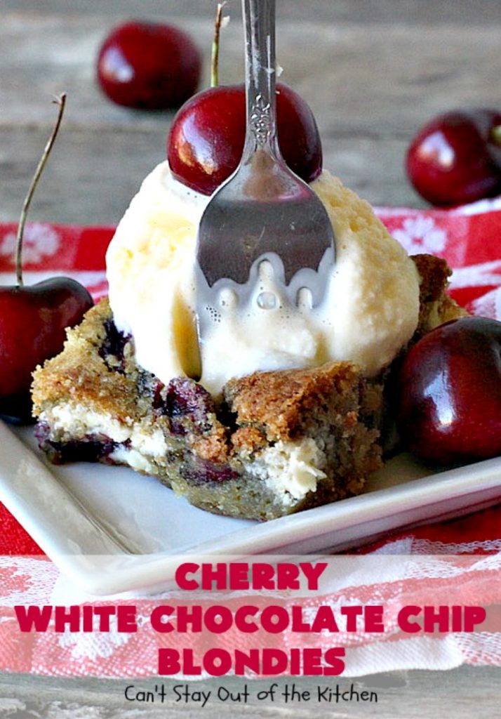 Cherry White Chocolate Chip Blondies | Can't Stay Out of the Kitchen | these fantastic #brownies will have you drooling after the first bite. They're filled with white #chocolate chips & fresh #cherries & they're absolutely awesome! #cookie #dessert #cherrydessert #Canbassador #NorthwestCherryGrowers