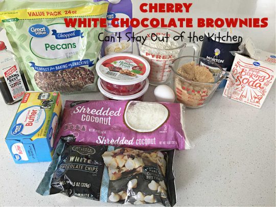 Cherry White Chocolate Brownies | Can't Stay Out of the Kitchen | these lovely #brownies rock! They're filled with #CandiedCherries, #pecans, #coconut & #WhiteChocolateChips. Every bite is rich, decadent and heavenly. #ParadiseFruitCompany #CherryDessert #WhiteChocolateDessert #holiday #HolidayDessert #ChristmasCookie #ChristmasCookieExchange #CherryWhiteChocolateBrownies