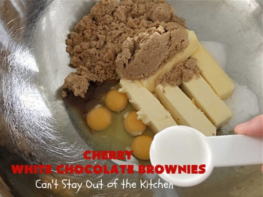 Cherry White Chocolate Brownies | Can't Stay Out of the Kitchen | these lovely #brownies rock! They're filled with #CandiedCherries, #pecans, #coconut & #WhiteChocolateChips. Every bite is rich, decadent and heavenly. #ParadiseFruitCompany #CherryDessert #WhiteChocolateDessert #holiday #HolidayDessert #ChristmasCookie #ChristmasCookieExchange #CherryWhiteChocolateBrownies