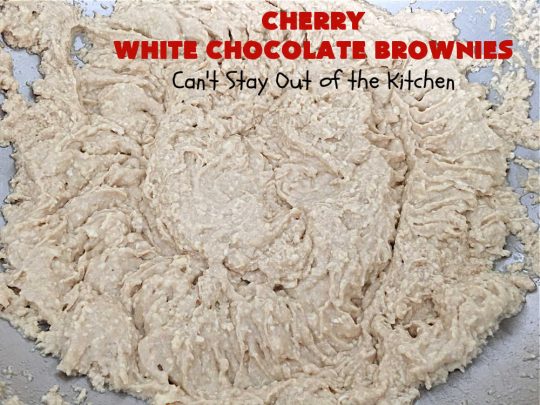 Cherry White Chocolate Brownies | Can't Stay Out of the Kitchen | these lovely #brownies rock! They're filled with #CandiedCherries, #pecans, #coconut & #WhiteChocolateChips. Every bite is rich, decadent and heavenly. #ParadiseFruitCompany #CherryDessert #WhiteChocolateDessert #holiday #HolidayDessert #ChristmasCookie #ChristmasCookieExchange #CherryWhiteChocolateBrownies