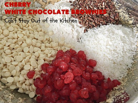 Cherry White Chocolate Brownies | Can't Stay Out of the Kitchen | these lovely #brownies rock! They're filled with #CandiedCherries, #pecans, #coconut & #WhiteChocolateChips. Every bite is rich, decadent and heavenly. #ParadiseFruitCompany #CherryDessert #WhiteChocolateDessert #holiday #HolidayDessert #ChristmasCookie #ChristmasCookieExchange #CherryWhiteChocolateBrownies