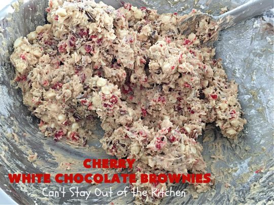 Cherry White Chocolate Brownies | Can't Stay Out of the Kitchen | these lovely #brownies rock! They're filled with #CandiedCherries, #pecans, #coconut & #WhiteChocolateChips. Every bite is rich, decadent and heavenly. #ParadiseFruitCompany #CherryDessert #WhiteChocolateDessert #holiday #HolidayDessert #ChristmasCookie #ChristmasCookieExchange #CherryWhiteChocolateBrownies