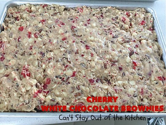 Cherry White Chocolate Brownies | Can't Stay Out of the Kitchen | these lovely #brownies rock! They're filled with #CandiedCherries, #pecans, #coconut & #WhiteChocolateChips. Every bite is rich, decadent and heavenly. #ParadiseFruitCompany #CherryDessert #WhiteChocolateDessert #holiday #HolidayDessert #ChristmasCookie #ChristmasCookieExchange #CherryWhiteChocolateBrownies