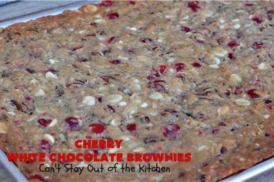 Cherry White Chocolate Brownies | Can't Stay Out of the Kitchen | these lovely #brownies rock! They're filled with #CandiedCherries, #pecans, #coconut & #WhiteChocolateChips. Every bite is rich, decadent and heavenly. #ParadiseFruitCompany #CherryDessert #WhiteChocolateDessert #holiday #HolidayDessert #ChristmasCookie #ChristmasCookieExchange #CherryWhiteChocolateBrownies