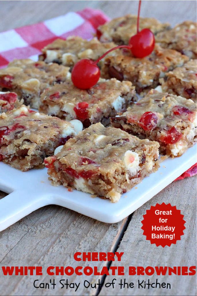 Cherry White Chocolate Brownies | Can't Stay Out of the Kitchen | these lovely #brownies rock! They're filled with #CandiedCherries, #pecans, #coconut & #WhiteChocolateChips. Every bite is rich, decadent and heavenly. #ParadiseFruitCompany #CherryDessert #WhiteChocolateDessert #holiday #HolidayDessert #ChristmasCookie #ChristmasCookieExchange #CherryWhiteChocolateBrownies