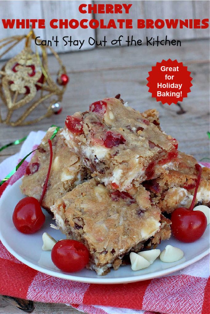 Cherry White Chocolate Brownies | Can't Stay Out of the Kitchen | these lovely #brownies rock! They're filled with #CandiedCherries, #pecans, #coconut & #WhiteChocolateChips. Every bite is rich, decadent and heavenly. #ParadiseFruitCompany #CherryDessert #WhiteChocolateDessert #holiday #HolidayDessert #ChristmasCookie #ChristmasCookieExchange #CherryWhiteChocolateBrownies