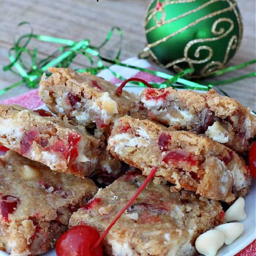 Cherry White Chocolate Brownies | Can't Stay Out of the Kitchen | these lovely #brownies rock! They're filled with #CandiedCherries, #pecans, #coconut & #WhiteChocolateChips. Every bite is rich, decadent and heavenly. #ParadiseFruitCompany #CherryDessert #WhiteChocolateDessert #holiday #HolidayDessert #ChristmasCookie #ChristmasCookieExchange #CherryWhiteChocolateBrownies