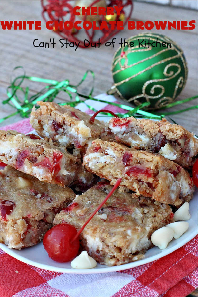 Cherry White Chocolate Brownies | Can't Stay Out of the Kitchen | these lovely #brownies rock! They're filled with #CandiedCherries, #pecans, #coconut & #WhiteChocolateChips. Every bite is rich, decadent and heavenly. #ParadiseFruitCompany #CherryDessert #WhiteChocolateDessert #holiday #HolidayDessert #ChristmasCookie #ChristmasCookieExchange #CherryWhiteChocolateBrownies