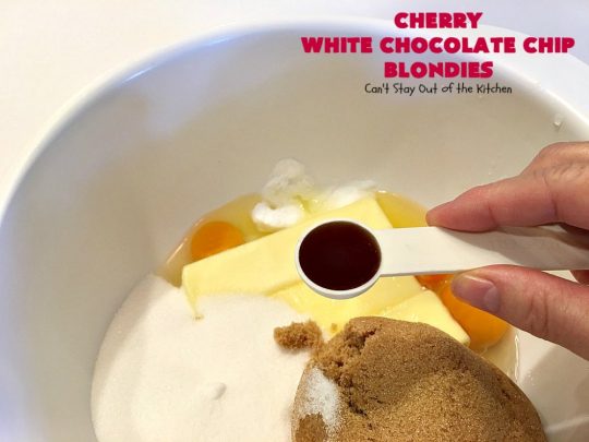 Cherry White Chocolate Chip Blondies | Can't Stay Out of the Kitchen | these fantastic #brownies will have you drooling after the first bite. They're filled with white #chocolate chips & fresh #cherries & they're absolutely awesome! #cookie #dessert #cherrydessert #Canbassador #NorthwestCherryGrowers