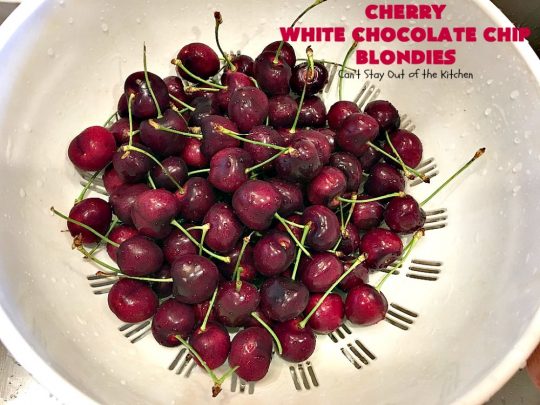 Cherry White Chocolate Chip Blondies | Can't Stay Out of the Kitchen | these fantastic #brownies will have you drooling after the first bite. They're filled with white #chocolate chips & fresh #cherries & they're absolutely awesome! #cookie #dessert #cherrydessert #Canbassador #NorthwestCherryGrowers