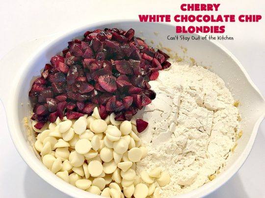 Cherry White Chocolate Chip Blondies | Can't Stay Out of the Kitchen | these fantastic #brownies will have you drooling after the first bite. They're filled with white #chocolate chips & fresh #cherries & they're absolutely awesome! #cookie #dessert #cherrydessert #Canbassador #NorthwestCherryGrowers