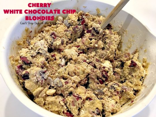 Cherry White Chocolate Chip Blondies | Can't Stay Out of the Kitchen | these fantastic #brownies will have you drooling after the first bite. They're filled with white #chocolate chips & fresh #cherries & they're absolutely awesome! #cookie #dessert #cherrydessert #Canbassador #NorthwestCherryGrowers