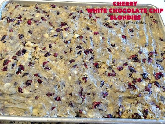 Cherry White Chocolate Chip Blondies | Can't Stay Out of the Kitchen | these fantastic #brownies will have you drooling after the first bite. They're filled with white #chocolate chips & fresh #cherries & they're absolutely awesome! #cookie #dessert #cherrydessert #Canbassador #NorthwestCherryGrowers