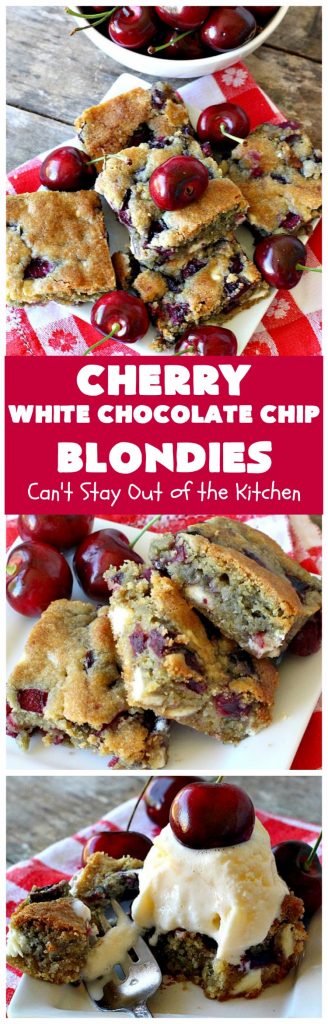 Cherry White Chocolate Chip Blondies | Can't Stay Out of the Kitchen | these fantastic #brownies will have you drooling after the first bite. They're filled with white #chocolate chips & fresh #cherries & they're absolutely awesome! #cookie #dessert #cherrydessert #Canbassador #NorthwestCherryGrowers