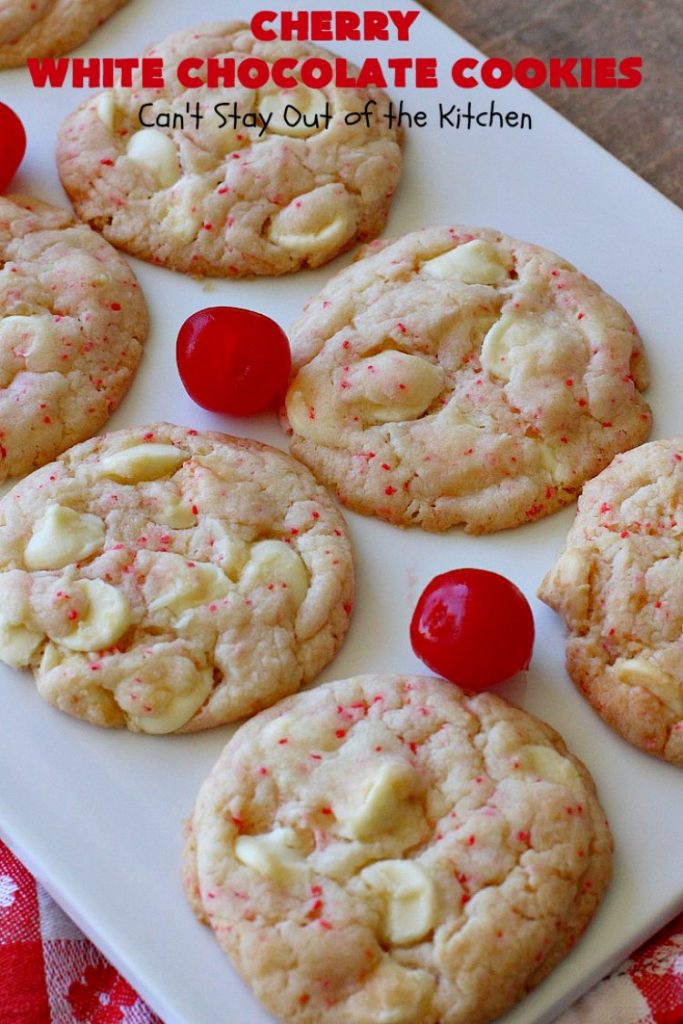 Cherry White Chocolate Cookies | Can't Stay Out of the Kitchen | these luscious #cookies only use 4 ingredients! They start with a #CherryChipCakeMix so they're incredibly easy. This irresistible #dessert is great for #tailgating, potlucks or special occasions like #ValentinesDay, a #ChristmasCookieExchange or #FourthOfJuly when red is the theme. #Chocolate #recipe #WhiteChocolateChips #ChocolateDessert #HolidayDessert #CherryDessert #CherryWhiteChocolateCookies