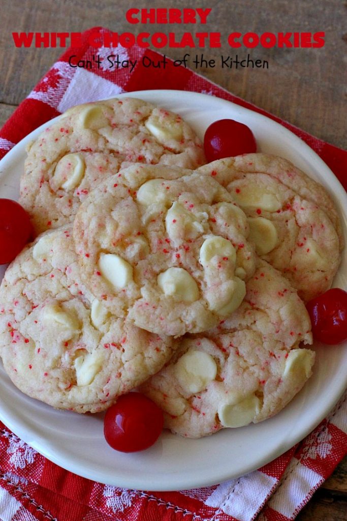 Cherry White Chocolate Cookies | Can't Stay Out of the Kitchen | these luscious #cookies only use 4 ingredients! They start with a #CherryChipCakeMix so they're incredibly easy. This irresistible #dessert is great for #tailgating, potlucks or special occasions like #ValentinesDay, a #ChristmasCookieExchange or #FourthOfJuly when red is the theme. #Chocolate #recipe #WhiteChocolateChips #ChocolateDessert #HolidayDessert #CherryDessert #CherryWhiteChocolateCookies