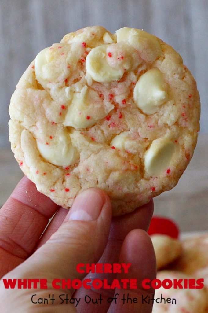 Cherry White Chocolate Cookies | Can't Stay Out of the Kitchen | these luscious #cookies only use 4 ingredients! They start with a #CherryChipCakeMix so they're incredibly easy. This irresistible #dessert is great for #tailgating, potlucks or special occasions like #ValentinesDay, a #ChristmasCookieExchange or #FourthOfJuly when red is the theme. #Chocolate #recipe #WhiteChocolateChips #ChocolateDessert #HolidayDessert #CherryDessert #CherryWhiteChocolateCookies