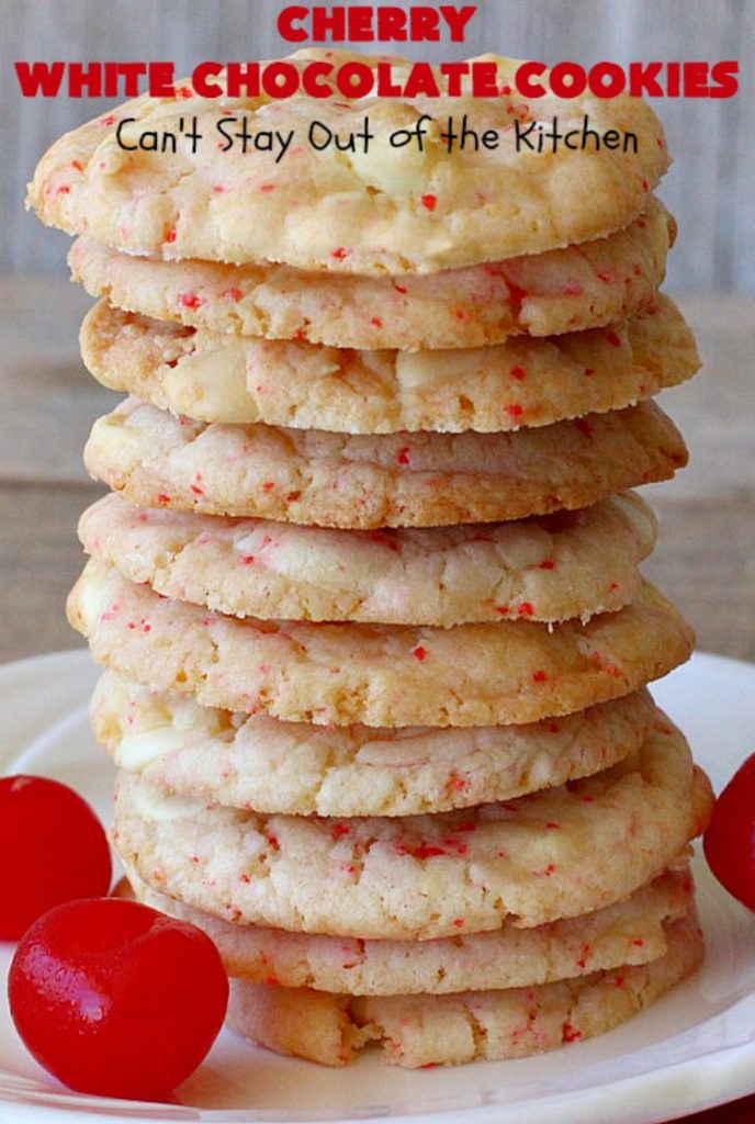 Cherry White Chocolate Cookies | Can't Stay Out of the Kitchen | these luscious #cookies only use 4 ingredients! They start with a #CherryChipCakeMix so they're incredibly easy. This irresistible #dessert is great for #tailgating, potlucks or special occasions like #ValentinesDay, a #ChristmasCookieExchange or #FourthOfJuly when red is the theme. #Chocolate #recipe #WhiteChocolateChips #ChocolateDessert #HolidayDessert #CherryDessert #CherryWhiteChocolateCookies