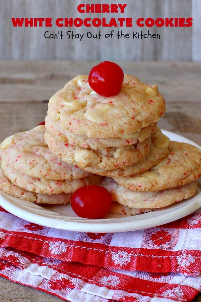 Cherry White Chocolate Cookies | Can't Stay Out of the Kitchen | these luscious #cookies only use 4 ingredients! They start with a #CherryChipCakeMix so they're incredibly easy. This irresistible #dessert is great for #tailgating, potlucks or special occasions like #ValentinesDay, a #ChristmasCookieExchange or #FourthOfJuly when red is the theme. #Chocolate #recipe #WhiteChocolateChips #ChocolateDessert #HolidayDessert #CherryDessert #CherryWhiteChocolateCookies