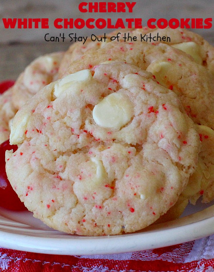 Cherry White Chocolate Cookies | Can't Stay Out of the Kitchen | these luscious #cookies only use 4 ingredients! They start with a #CherryChipCakeMix so they're incredibly easy. This irresistible #dessert is great for #tailgating, potlucks or special occasions like #ValentinesDay, a #ChristmasCookieExchange or #FourthOfJuly when red is the theme. #Chocolate #recipe #WhiteChocolateChips #ChocolateDessert #HolidayDessert #CherryDessert #CherryWhiteChocolateCookies