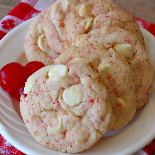Cherry White Chocolate Cookies | Can't Stay Out of the Kitchen | these luscious #cookies only use 4 ingredients! They start with a #CherryChipCakeMix so they're incredibly easy. This irresistible #dessert is great for #tailgating, potlucks or special occasions like #ValentinesDay, a #ChristmasCookieExchange or #FourthOfJuly when red is the theme. #Chocolate #recipe #WhiteChocolateChips #ChocolateDessert #HolidayDessert #CherryDessert #CherryWhiteChocolateCookies