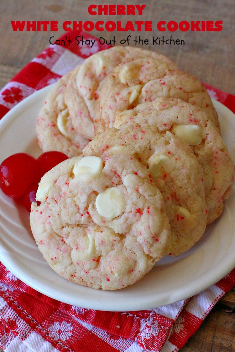 Cherry White Chocolate Cookies | Can't Stay Out of the Kitchen | these luscious #cookies only use 4 ingredients! They start with a #CherryChipCakeMix so they're incredibly easy. This irresistible #dessert is great for #tailgating, potlucks or special occasions like #ValentinesDay, a #ChristmasCookieExchange or #FourthOfJuly when red is the theme. #Chocolate #recipe #WhiteChocolateChips #ChocolateDessert #HolidayDessert #CherryDessert #CherryWhiteChocolateCookies