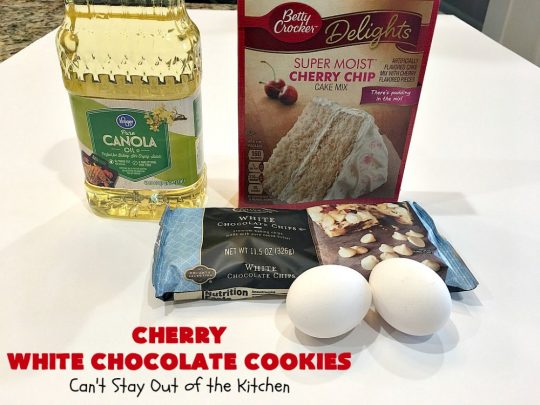 Cherry White Chocolate Cookies | Can't Stay Out of the Kitchen | these luscious #cookies only use 4 ingredients! They start with a #CherryChipCakeMix so they're incredibly easy. This irresistible #dessert is great for #tailgating, potlucks or special occasions like #ValentinesDay, a #ChristmasCookieExchange or #FourthOfJuly when red is the theme. #Chocolate #recipe #WhiteChocolateChips #ChocolateDessert #HolidayDessert #CherryDessert #CherryWhiteChocolateCookies