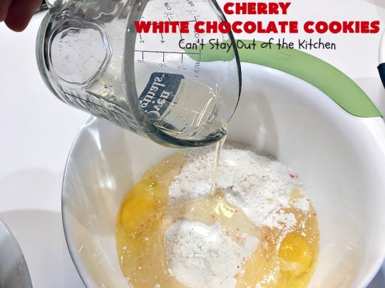 Cherry White Chocolate Cookies | Can't Stay Out of the Kitchen | these luscious #cookies only use 4 ingredients! They start with a #CherryChipCakeMix so they're incredibly easy. This irresistible #dessert is great for #tailgating, potlucks or special occasions like #ValentinesDay, a #ChristmasCookieExchange or #FourthOfJuly when red is the theme. #Chocolate #recipe #WhiteChocolateChips #ChocolateDessert #HolidayDessert #CherryDessert #CherryWhiteChocolateCookies