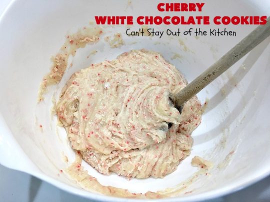 Cherry White Chocolate Cookies | Can't Stay Out of the Kitchen | these luscious #cookies only use 4 ingredients! They start with a #CherryChipCakeMix so they're incredibly easy. This irresistible #dessert is great for #tailgating, potlucks or special occasions like #ValentinesDay, a #ChristmasCookieExchange or #FourthOfJuly when red is the theme. #Chocolate #recipe #WhiteChocolateChips #ChocolateDessert #HolidayDessert #CherryDessert #CherryWhiteChocolateCookies