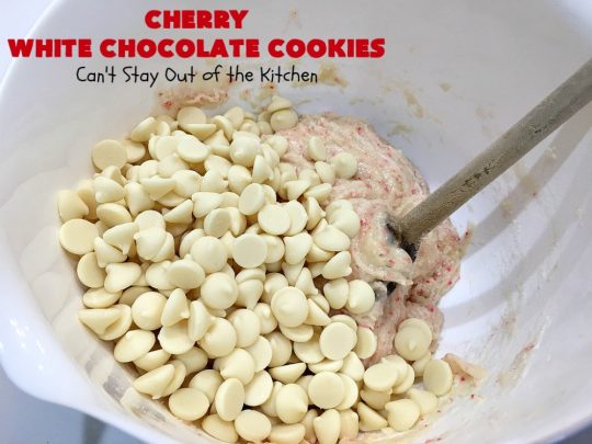 Cherry White Chocolate Cookies | Can't Stay Out of the Kitchen | these luscious #cookies only use 4 ingredients! They start with a #CherryChipCakeMix so they're incredibly easy. This irresistible #dessert is great for #tailgating, potlucks or special occasions like #ValentinesDay, a #ChristmasCookieExchange or #FourthOfJuly when red is the theme. #Chocolate #recipe #WhiteChocolateChips #ChocolateDessert #HolidayDessert #CherryDessert #CherryWhiteChocolateCookies