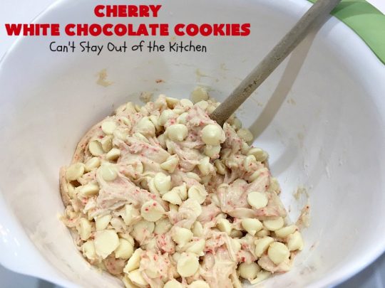 Cherry White Chocolate Cookies | Can't Stay Out of the Kitchen | these luscious #cookies only use 4 ingredients! They start with a #CherryChipCakeMix so they're incredibly easy. This irresistible #dessert is great for #tailgating, potlucks or special occasions like #ValentinesDay, a #ChristmasCookieExchange or #FourthOfJuly when red is the theme. #Chocolate #recipe #WhiteChocolateChips #ChocolateDessert #HolidayDessert #CherryDessert #CherryWhiteChocolateCookies