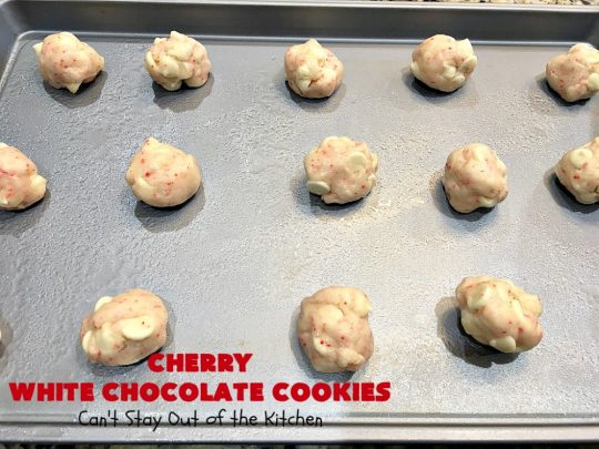 Cherry White Chocolate Cookies | Can't Stay Out of the Kitchen | these luscious #cookies only use 4 ingredients! They start with a #CherryChipCakeMix so they're incredibly easy. This irresistible #dessert is great for #tailgating, potlucks or special occasions like #ValentinesDay, a #ChristmasCookieExchange or #FourthOfJuly when red is the theme. #Chocolate #recipe #WhiteChocolateChips #ChocolateDessert #HolidayDessert #CherryDessert #CherryWhiteChocolateCookies