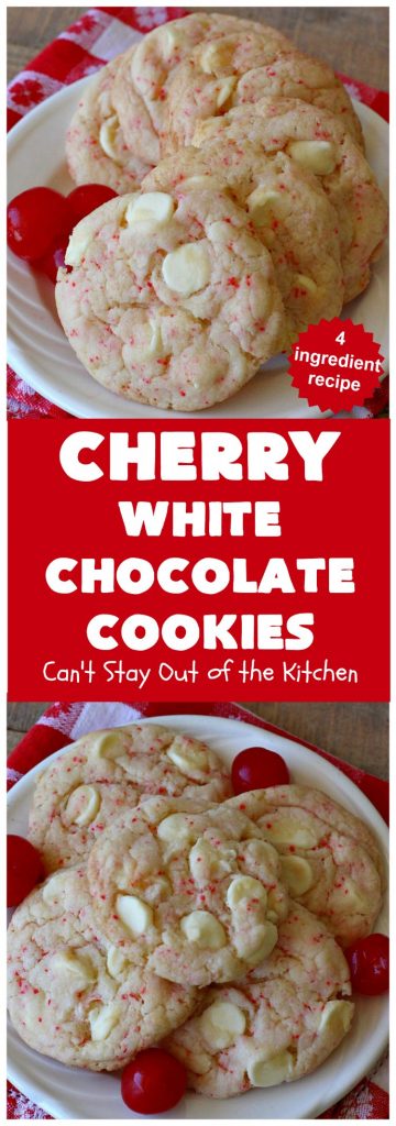Cherry White Chocolate Cookies | Can't Stay Out of the Kitchen | these luscious #cookies only use 4 ingredients! They start with a #CherryChipCakeMix so they're incredibly easy. This irresistible #dessert is great for #tailgating, potlucks or special occasions like #ValentinesDay, a #ChristmasCookieExchange or #FourthOfJuly when red is the theme. #Chocolate #recipe #WhiteChocolateChips #ChocolateDessert #HolidayDessert #CherryDessert #CherryWhiteChocolateCookies
