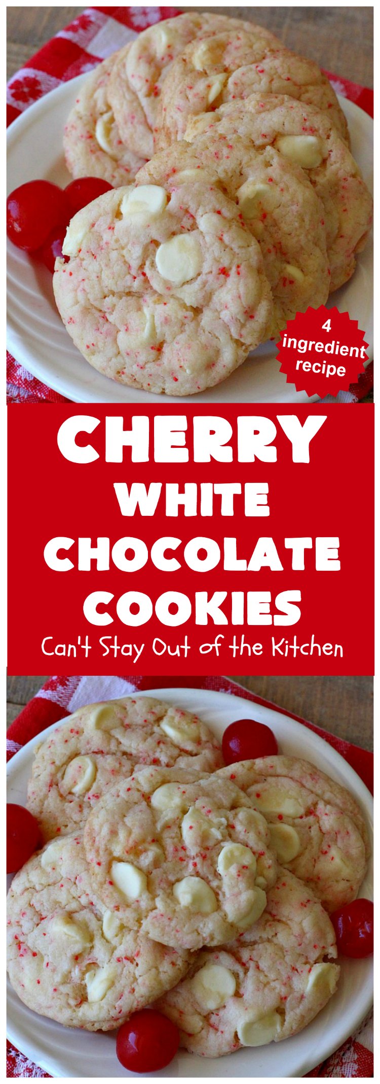 Cherry White Chocolate Cookies | Can't Stay Out of the Kitchen | these luscious #cookies only use 4 ingredients! They start with a #CherryChipCakeMix so they're incredibly easy. This irresistible #dessert is great for #tailgating, potlucks or special occasions like #ValentinesDay, a #ChristmasCookieExchange or #FourthOfJuly when red is the theme. #Chocolate #recipe #WhiteChocolateChips #ChocolateDessert #HolidayDessert #CherryDessert #CherryWhiteChocolateCookies