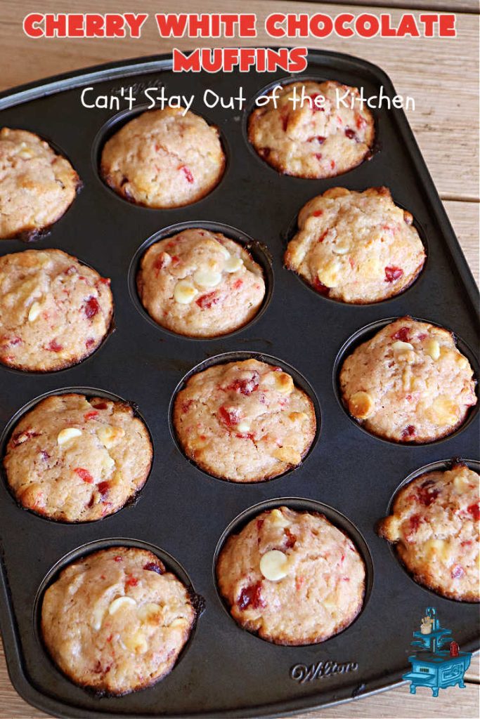 Cherry White Chocolate Muffins | Can't Stay Out of the Kitchen | These irresistible #muffins are filled with #applesauce, #bananas, #CandiedCherries & #WhiteChocolateChips and will absolutely float your boat! Terrific choice for any #holiday, company or weekend #breakfast or #brunch. #cherries #chocolate #CherryWhiteChococolateMuffins