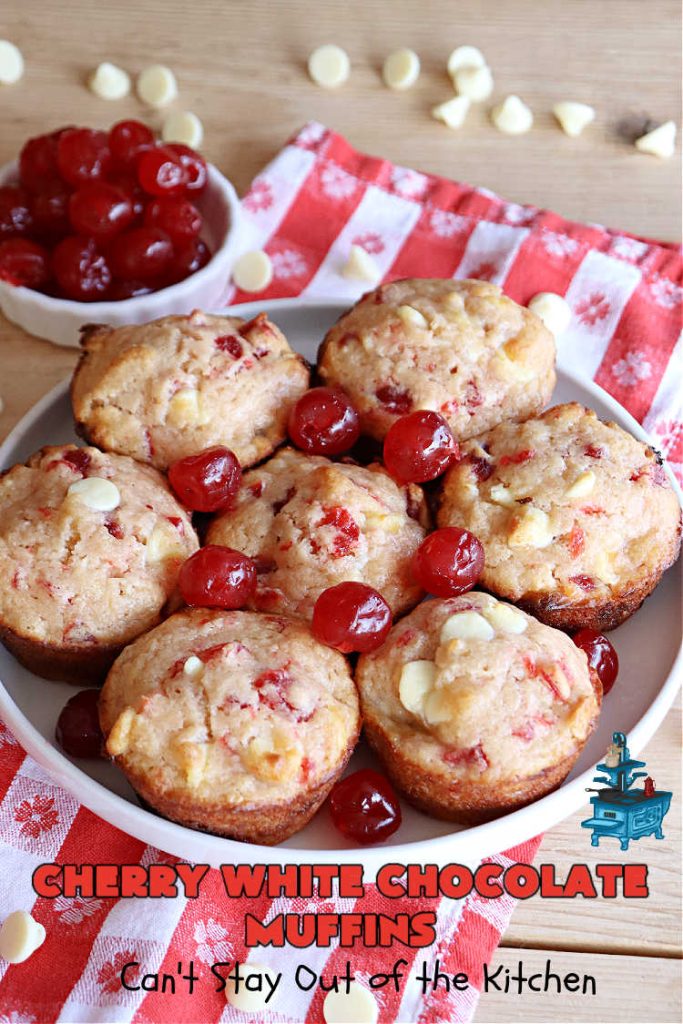 Cherry White Chocolate Muffins | Can't Stay Out of the Kitchen | These irresistible #muffins are filled with #applesauce, #bananas, #CandiedCherries & #WhiteChocolateChips and will absolutely float your boat! Terrific choice for any #holiday, company or weekend #breakfast or #brunch. #cherries #chocolate #CherryWhiteChococolateMuffins